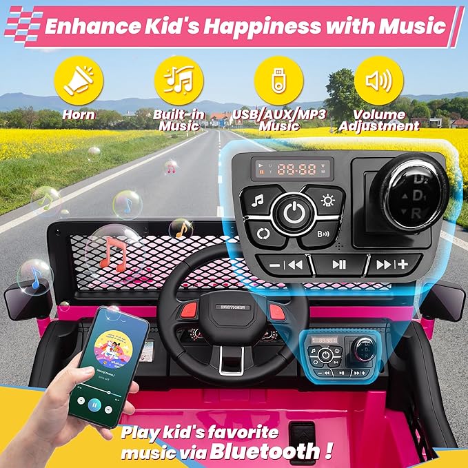 24V 4WD Ride on Truck Car w/800W Motors, Gift Flower, Remote Control, 2 Seaters, Light Bar, 3 Speeds, Pop Music, Power Four Wheels, 24 Volt Ride on Toy Car for Big Kids, Rose Red-BubblyBeeBaby