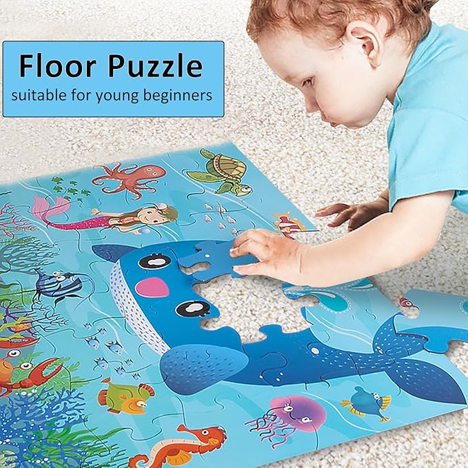 Jumbo Floor Puzzle for Kids, Large Jigsaw Puzzles 35 Piece for Kids Ages 3-5,Preschool Learning & Education Toys, Gifts for 4-8 Year Old Boys and Girls (Marine Animals)-BubblyBeeBaby