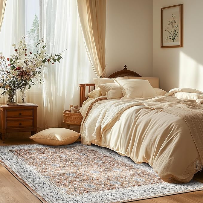 jinchan Floral 5x7 Area Rugs for Bedroom - Machine Washable Vintage Distressed Boho Design Throw Rug Stain Resistant Carpet Low-Pile Thin Non-Slip for Nursery Living Room Dining Room (5‘x7',Orange)-BubblyBeeBaby