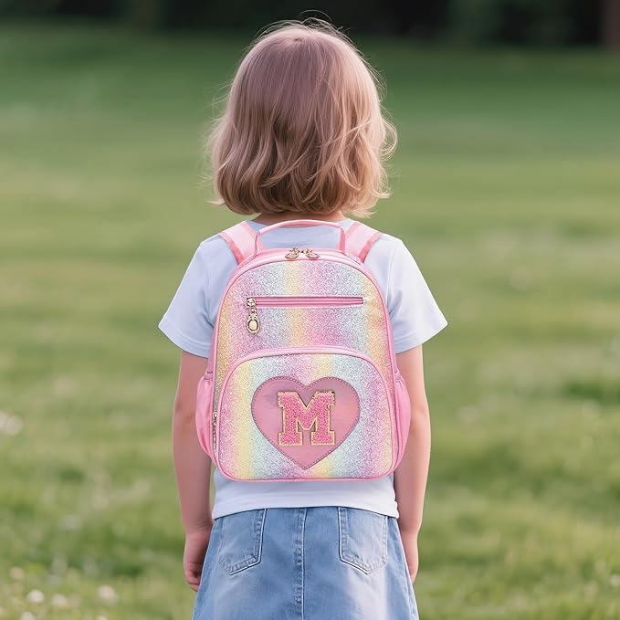 I IHAYNER Kids Glitter Lightweight Backpack for School Travel & Daycare, Toddler Backpack for Girls 3+ Preschool Kindergarten Elementary Kids Backpack-Rainbow Pink M-BubblyBeeBaby