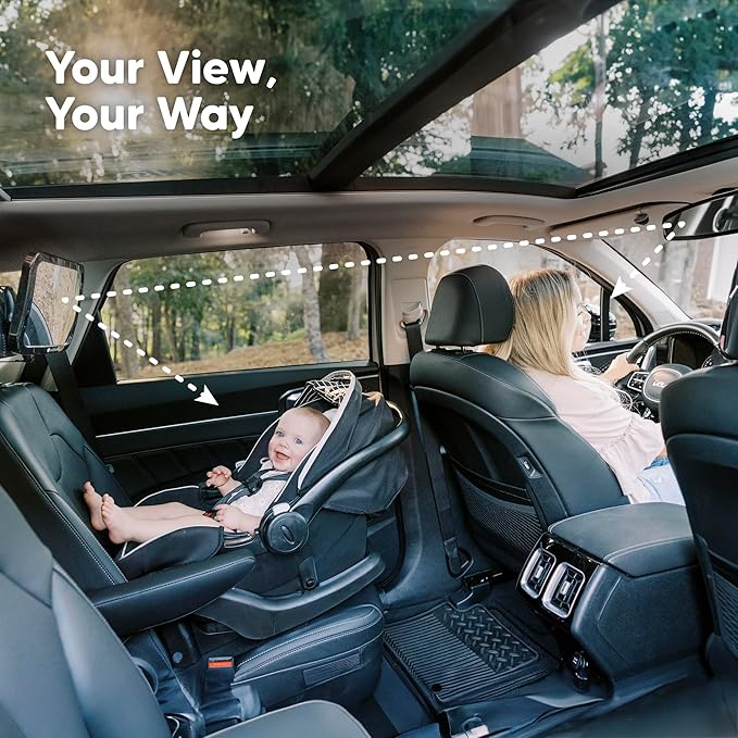 Safety Baby Car Seat Mirror - Wide Shatterproof Backseat Infant Car Mirror for Baby Rear Facing, Crystal Clear View, Travel Accessories, Easy Install & Adjustable for Removable Headrest (Matte Black)-BubblyBeeBaby