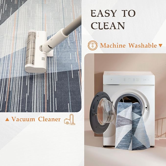 HOMFINE Washable Modern Area Rug - Geometry Style 4x6 Rugs for Living Room, Bedroom, Machine Washable Rug Soft Non Slip Non Shedding Area Rug - Blue, 4'x6'-BubblyBeeBaby