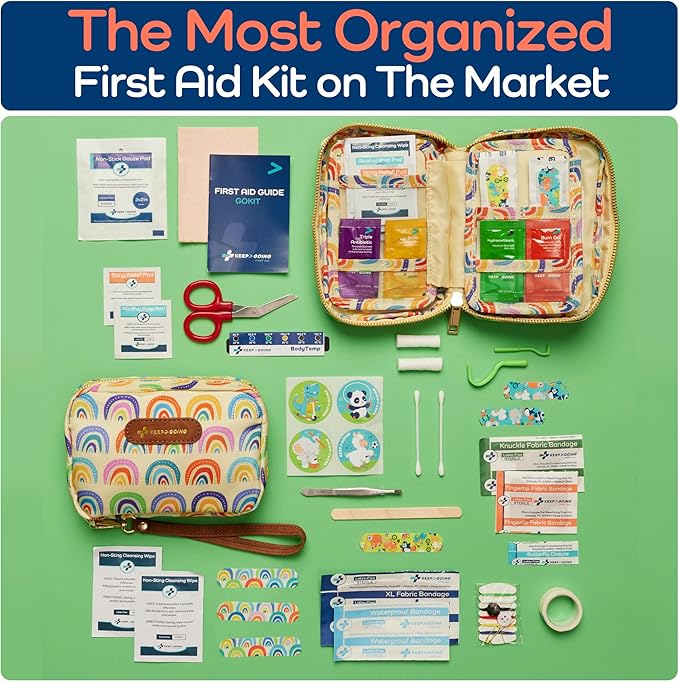 KeepGoing Travel First Aid Kit for Kids – 130 Pc. for Car, Home, Purse, Diaper Bag & Backpack with Latex-Free Bandages - Mini First Aid Kit Travel Size TSA-Approved-BubblyBeeBaby