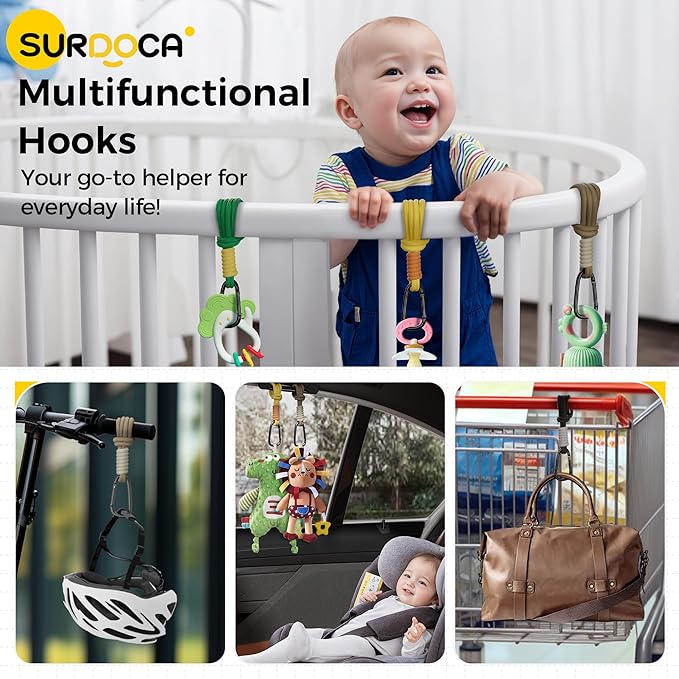 SURDOCA Baby Stroller Hooks, Stroller Clips and Hooks for Diaper Bag, Mommy Bag Hook for Stroller Heavy Duty, Universal Stroller Hanger and Strap, Stroller Accessories for Mom-BubblyBeeBaby