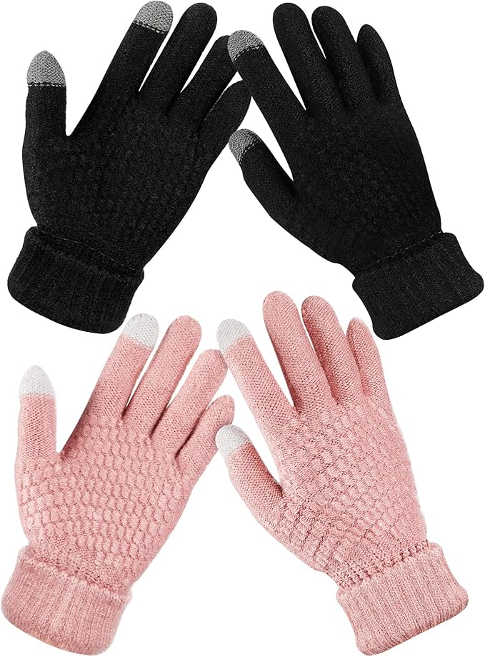 Geyoga 2 Pairs Women's Winter Touch Screen Gloves Soft Warm Fleece Lined Knit Elastic Cuff Winter Texting Gloves-BubblyBeeBaby