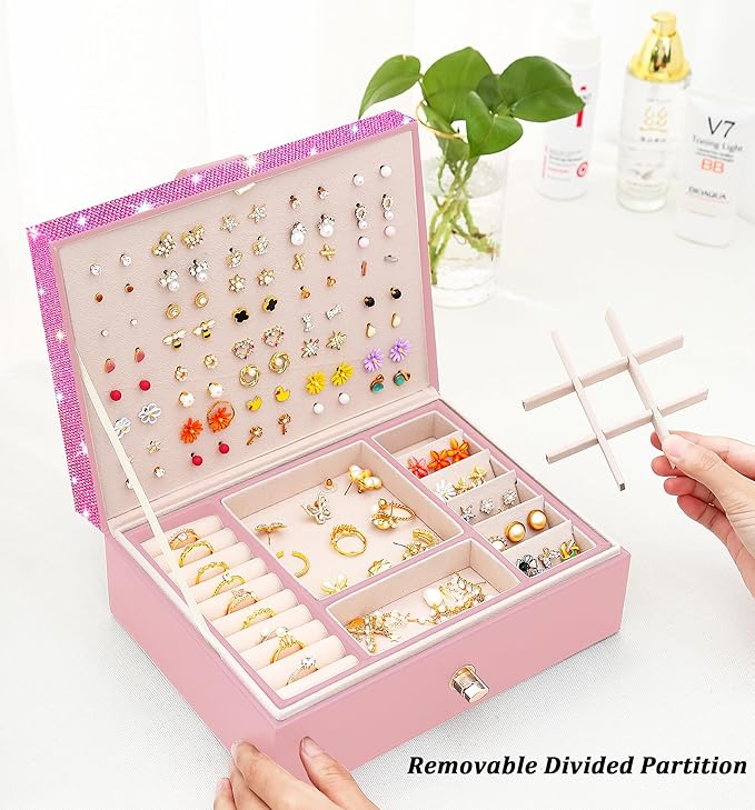 Jewelry Box for Earrings for Girls Jewelry Organizer Box Earring Holder Organizer for Girls Earring Box Jewelry Box Stud Earring Organizer for Girls Earring Jewelry Boxes for Women Pink Bling-BubblyBeeBaby