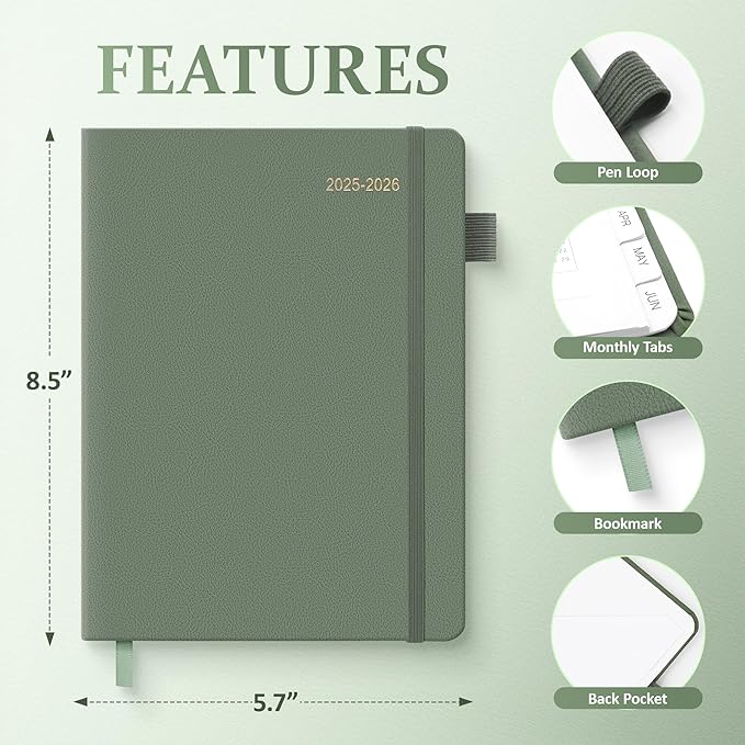 2025-2026 Planner for Women, Lather Weekly & Monthly Organizer, July 2025-June 2026, Hardcover with Gold Foil, Tabs, and Inspirational Pages - Ideal for Professionals, Green-BubblyBeeBaby