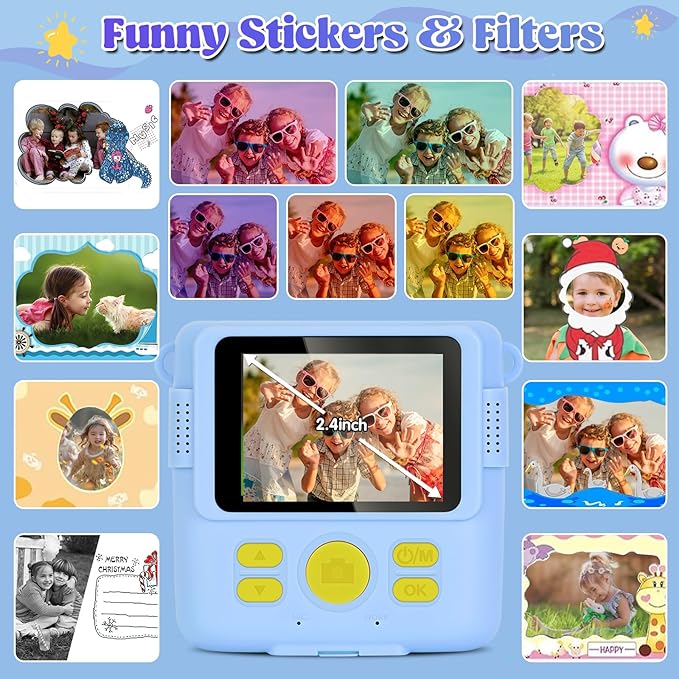 Instant Print Camera for Kids - 2.4 Inch Kids Camera Instant Print with Paper & 32G Card- Digital Children Toys as Christams Birthday Gifts for Girls Boys Age 3-12 - Blue-BubblyBeeBaby
