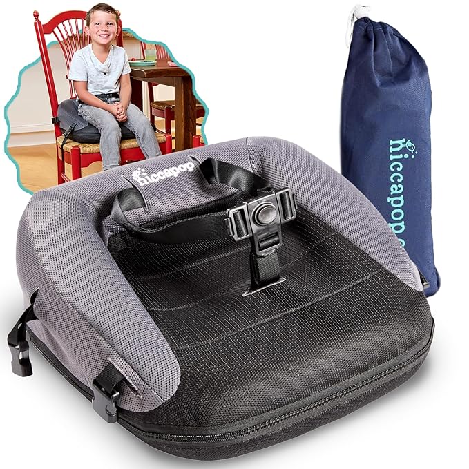 Hiccapop NeoBoost Inflatable Toddler Booster Seat for Dining Table – Portable, Quick-Inflate Design – Anti-Slip Base, Secure Straps, Easy-Clean – Perfect for Home & Travel, Black/Gray-BubblyBeeBaby
