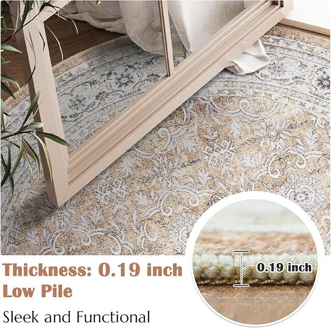 jinchan Round Rug 5ft Washable Circle Soft Rug - Low Pile Vintage 5'Round Indoor Orange Floral Print Stain Resistant Boho Carpet Ultra-Thin Non-Slip for Entryway Nursery Bedroom Dining Room Kitchen-BubblyBeeBaby