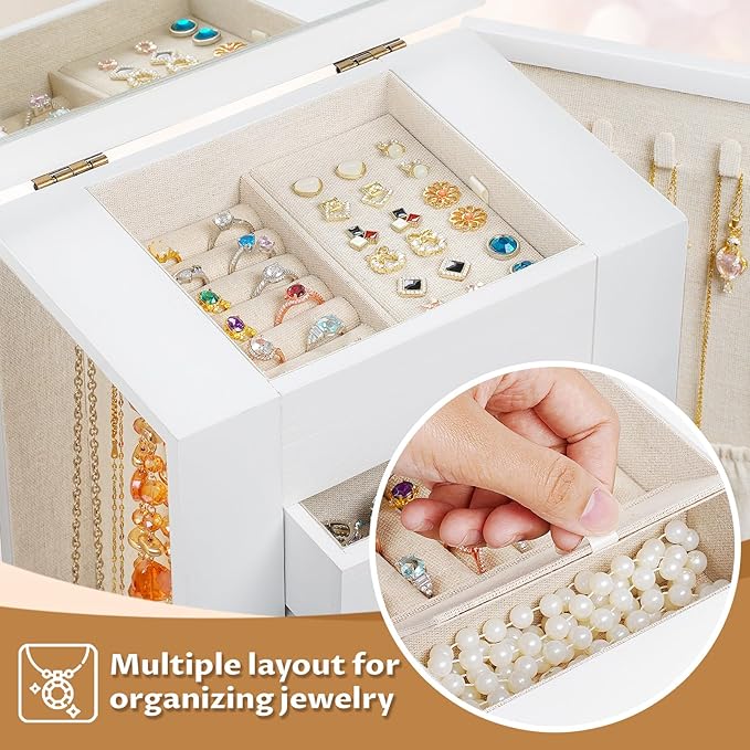 Jewelry Box for Women, 5 Layer Large Wood Jewelry Boxes & Organizers for Necklaces Earrings Rings Bracelets, Rustic Jewelry Organizer Box with Drawers and Mirror (Vintage White)-BubblyBeeBaby