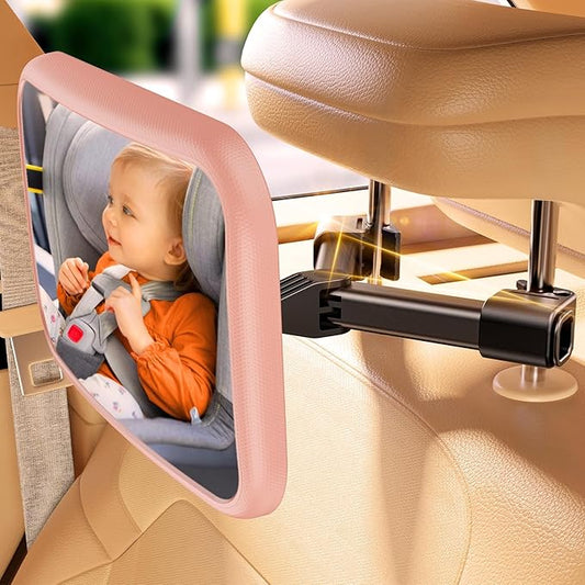 Car Mirror for Baby - Hook Clip Design, Never Shake Car Seat Mirror, Rear Facing, Easy Install, Back Seat Crystal Clear View, ShatterProof Tested - Pink-BubblyBeeBaby