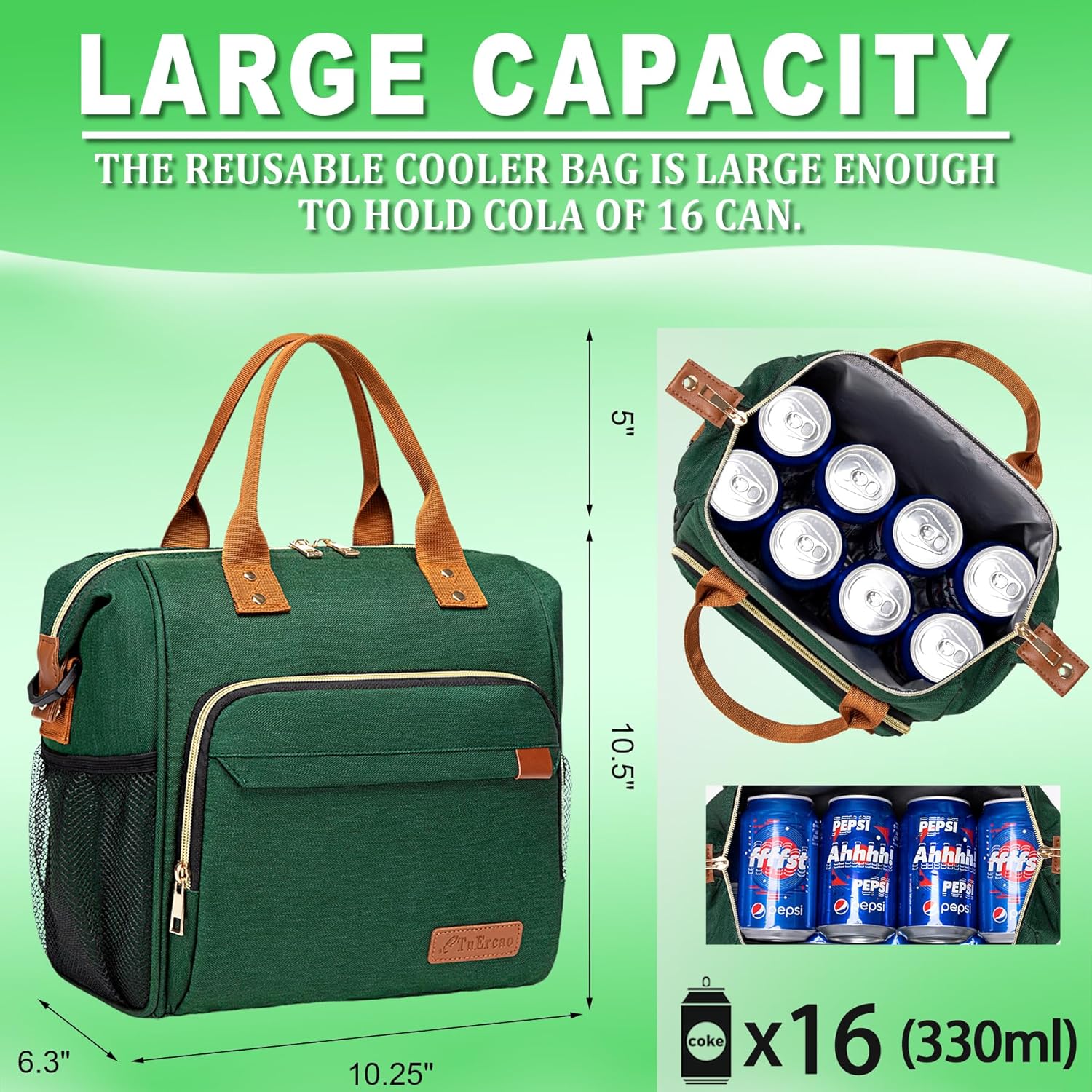 TuErCao Insulated Lunch Bag Adult Lunch Box for Women for Work Leakproof Soft Cooler for Beach Travel Picnic, Dark Green