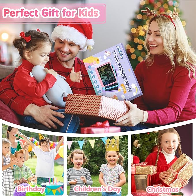 Hockvill LCD Writing Tablet for Kids 12 Inch, Toys for Boys Girls Drawing Pad for 3 4 5 6 7 Year Old Kids Toys, Toddler Erasable Doodle Board Travel Essentials, Children’s Day Gift for Kids - Pink-BubblyBeeBaby