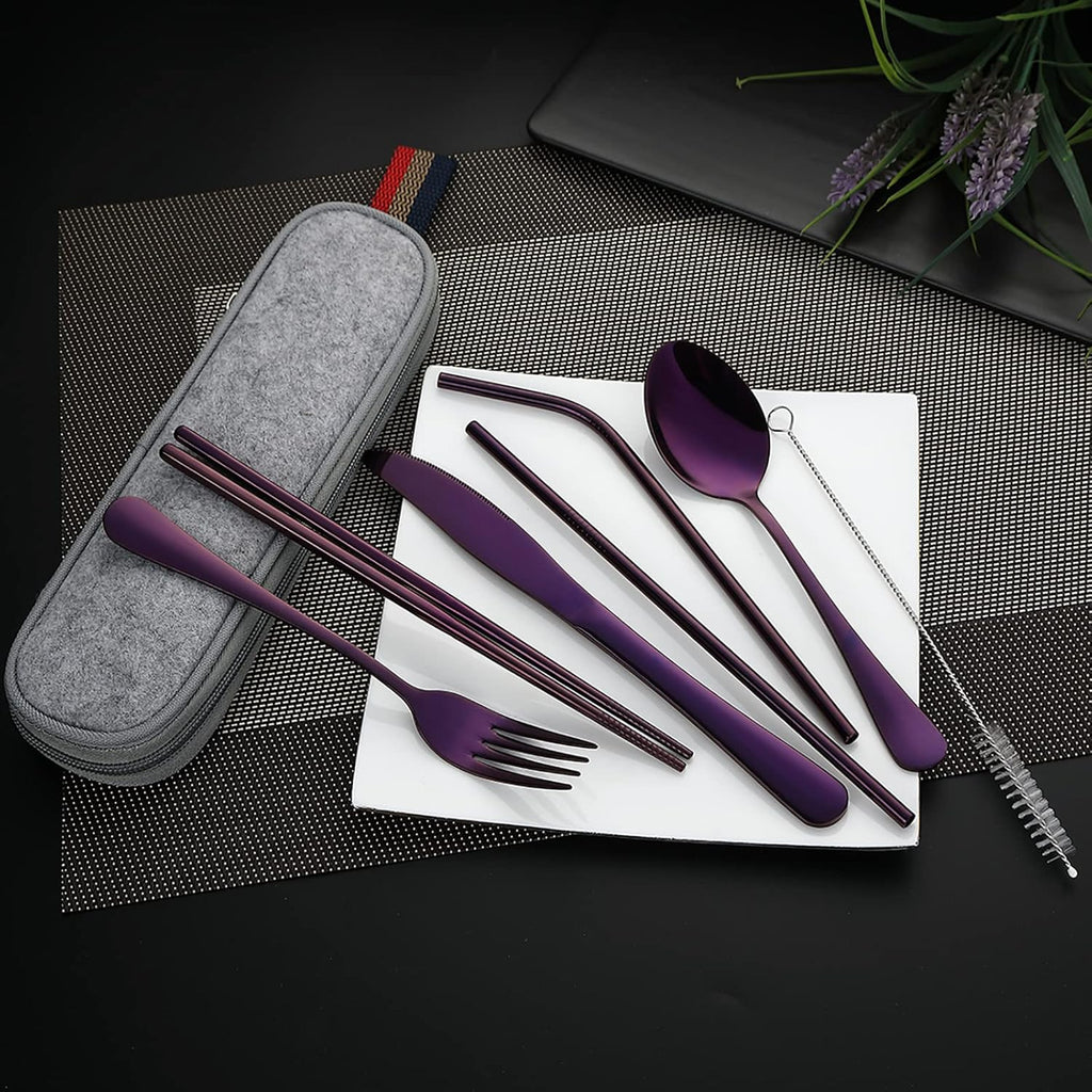 DEVICO Portable Utensils, Travel Camping Cutlery Set, 8-Piece including Knife Fork Spoon Chopsticks Cleaning Brush Straws Portable Case, Stainless Steel Flatware set (Purple)