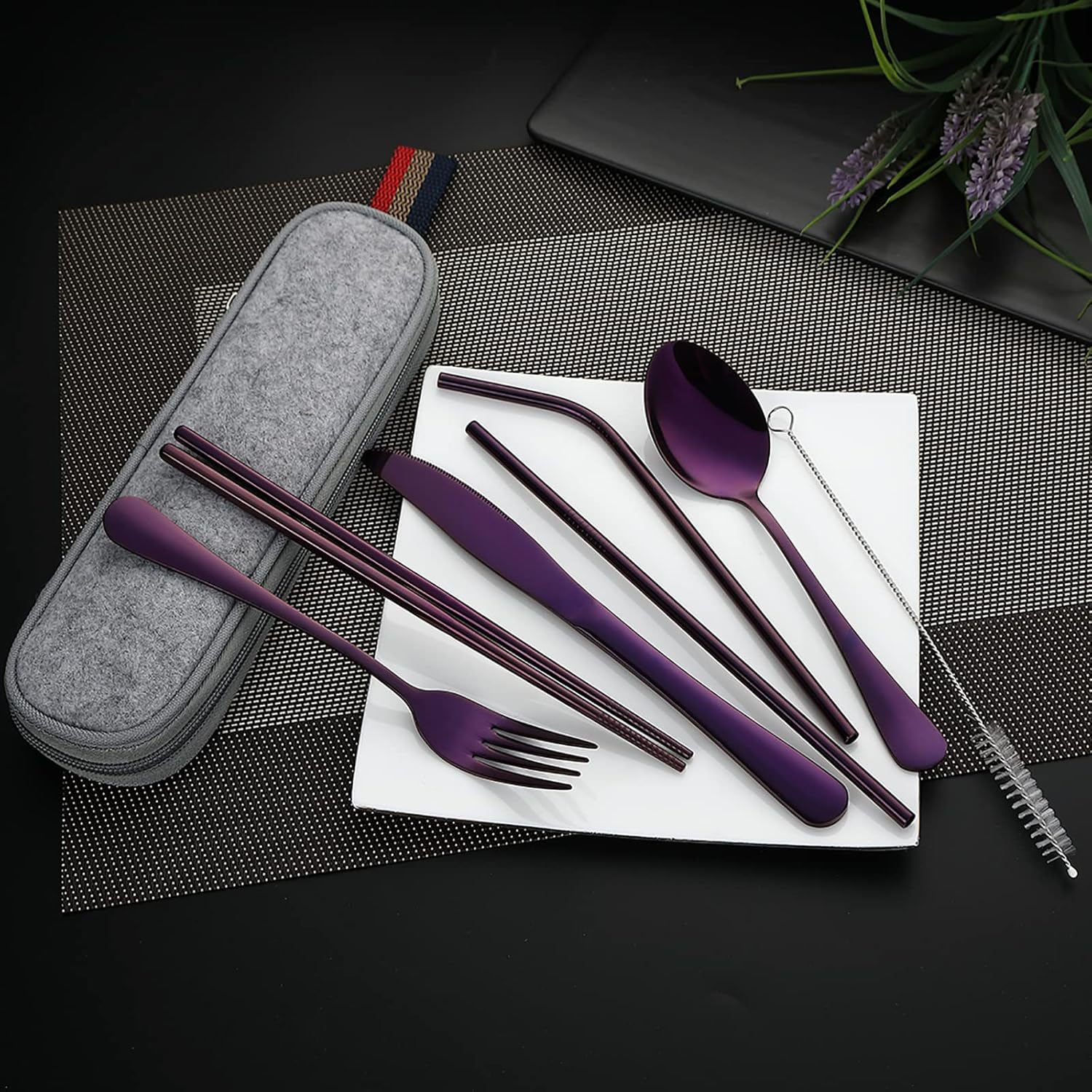 DEVICO Portable Utensils, Travel Camping Cutlery Set, 8-Piece including Knife Fork Spoon Chopsticks Cleaning Brush Straws Portable Case, Stainless Steel Flatware set (Purple)