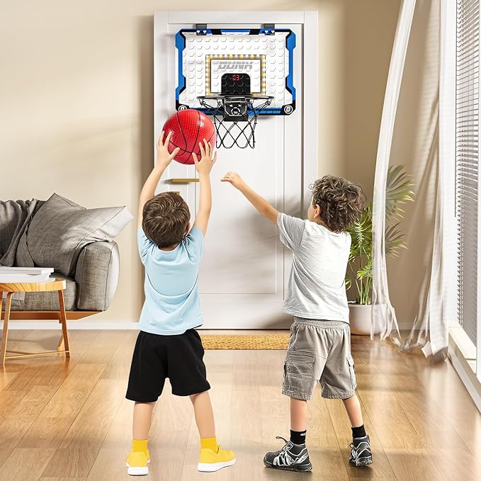 Indoor Basketball Hoop for Kids, Over The Door Mini Basketball Hoops, LED Light Mini Hoop with Scoreboard & 4 Balls, Kids Basketball Hoop Sport Toys Gifts for 5 6 7 8 9 10 11 12+Year Old Boys-BubblyBeeBaby