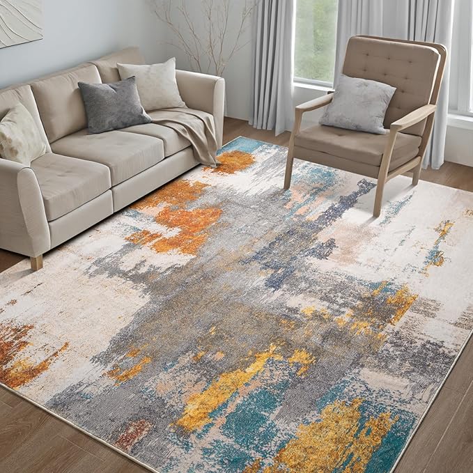 Kelarea Living Room Rug, 6x9 Rug Modern Abstract Washable Rugs Grey Faux Wool Vintage Carpet, Non Slip Rugs for Living Room, Bedroom, Dining Room, Kids Playroom, Home Office-BubblyBeeBaby