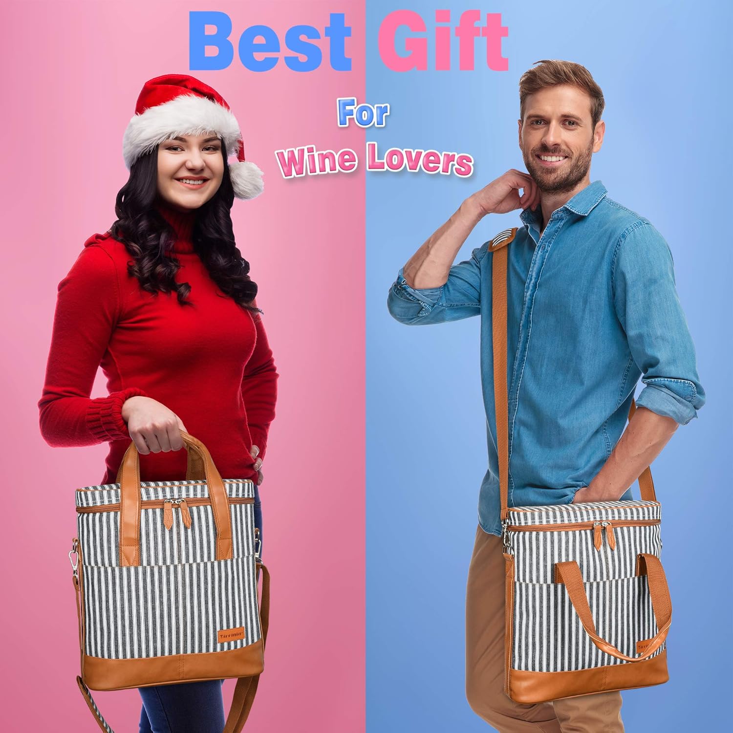 Tirrinia Insulated Wine Gift carrier - 3 Bottle Travel Padded Wine Carry Cooler Tote Bag with Handle and Adjustable Shoulder Strap, Black Stripe