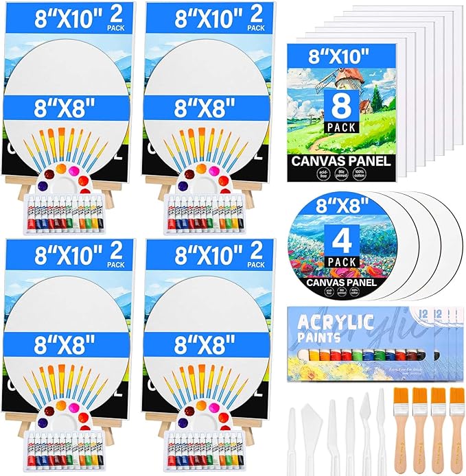 12 Pack 8x10” Canvas Boards and Round Canvas for Painting, Couple Painting Kit with Wood Easel, Acrylic Paint, Paint Brushes Set for Kids Teenagers Adults Date Night Sip and Paint Party-BubblyBeeBaby