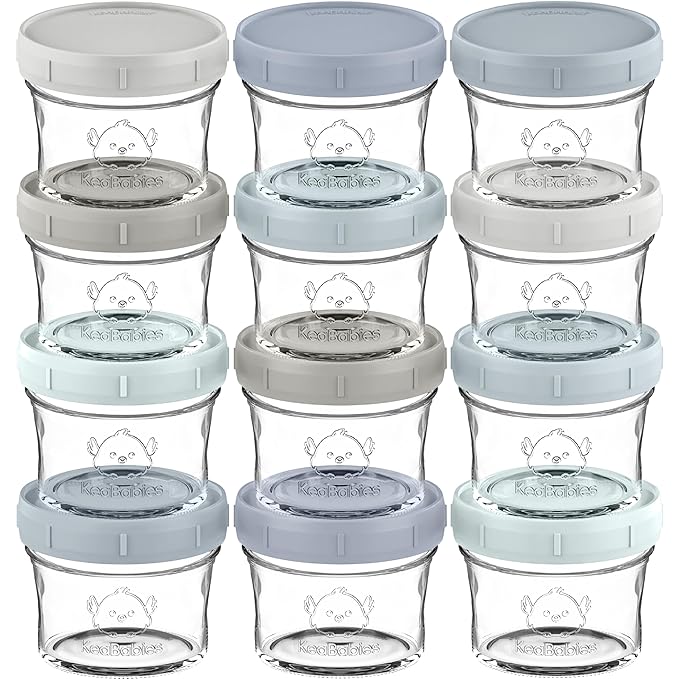 KeaBabies 12pk 4oz Glass Baby Food Containers with Lids - Leak-Proof, Microwavable Small Glass Jars, Baby Purees & Toddler Snack Storage Containers, BPA-Free, Dishwasher & Freezer Safe (Slate)-BubblyBeeBaby
