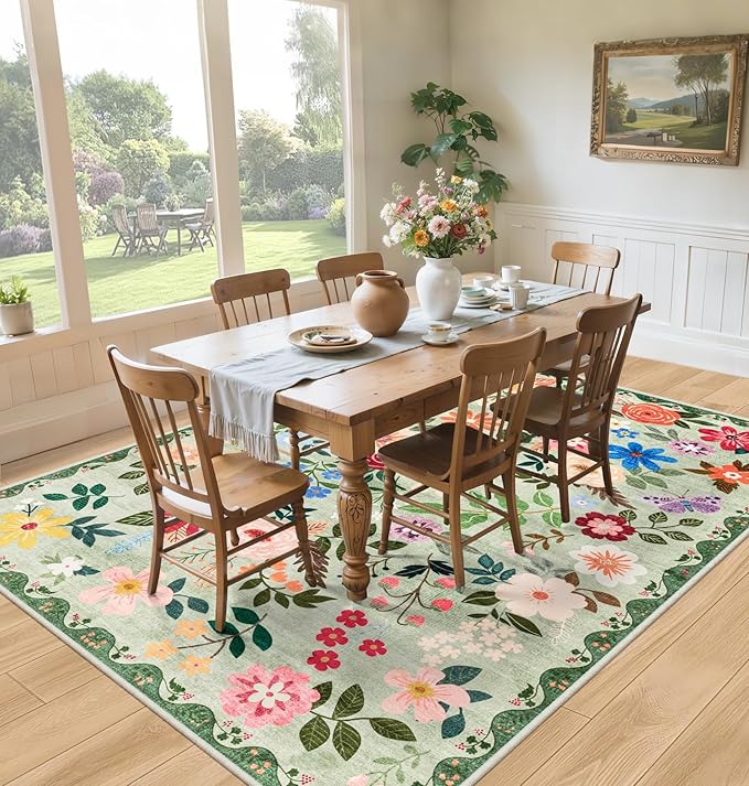 10x12 Area Rugs for Living Room: Floral Washable Rug Vintage Large Soft Boho Non-Slip Carpet Indoor Stain Resistant Low Pile Carpets for Bedroom Dining Room Farmhouse Nursery Hallway Home Office Green-BubblyBeeBaby