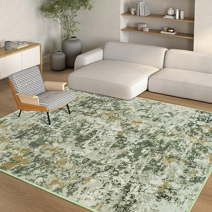 Kelarea 4x6 Rug for Living Room, Green Washable Non-Slip Rugs, Low Pile Soft Modern Abstract Carpet for Bedroom, Kitchen, Dining Room, Classroom, Dorm, Nursery, Home Office-BubblyBeeBaby