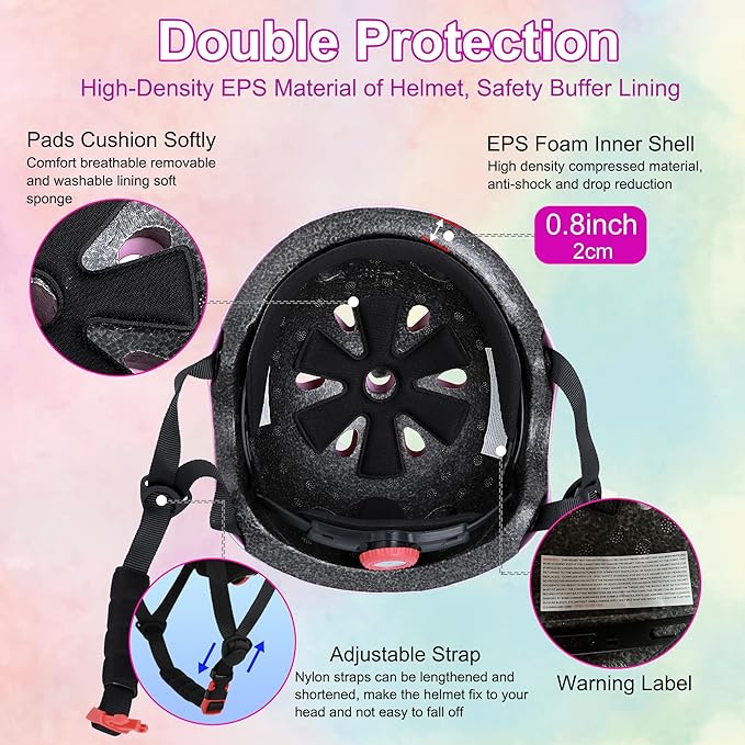 Kids Bike Helmet with DIY Stickers and Knee Pads Elbow Pads Wrist Guard Set for Ages 3-8-14 Toddler Boys Girls Helmet for Roller Skates Cycling Skateboarding Bicycle Scooter-BubblyBeeBaby