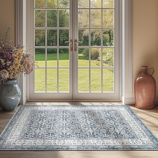 jinchan Floral 3x5 Area Rugs for Entryway - Taupe Vintage Distressed Design Doormat Non-Slip Ultra-Thin Low Pile Boho Rug for Kitchen Living Room Bedroom Farmhouse (3‘x5',Grey)-BubblyBeeBaby