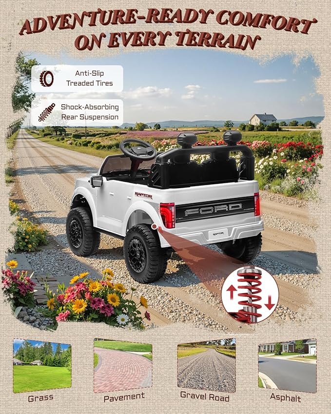 24V Kids Ride On Truck, Licensed Ford F-150 Raptor 2 Seater Electric Car w/Remote Control, Toddler Ride On Car Toys w/LED Lights, Bluetooth, Music, Truck Bed Storage, Soft Start (White)-BubblyBeeBaby