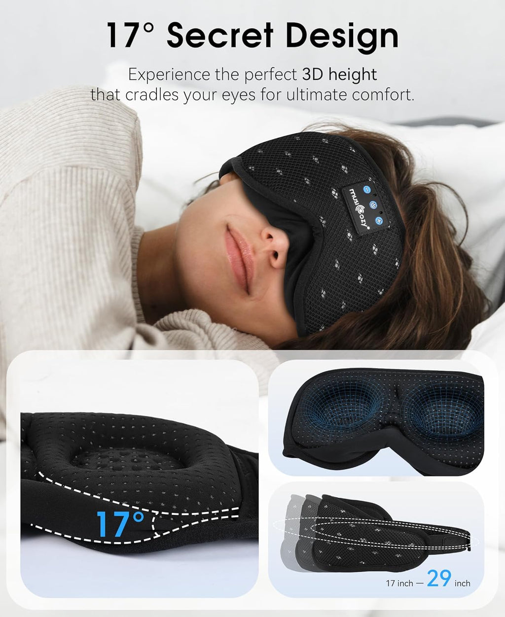 MUSICOZY Sleep Headphones Breathable Sleep Mask Bluetooth 5.4 Wireless Earphones Mask Sleeping Eyemask for Side Sleepers for Women Men Travel Meditation Gift (Mesh Black)
