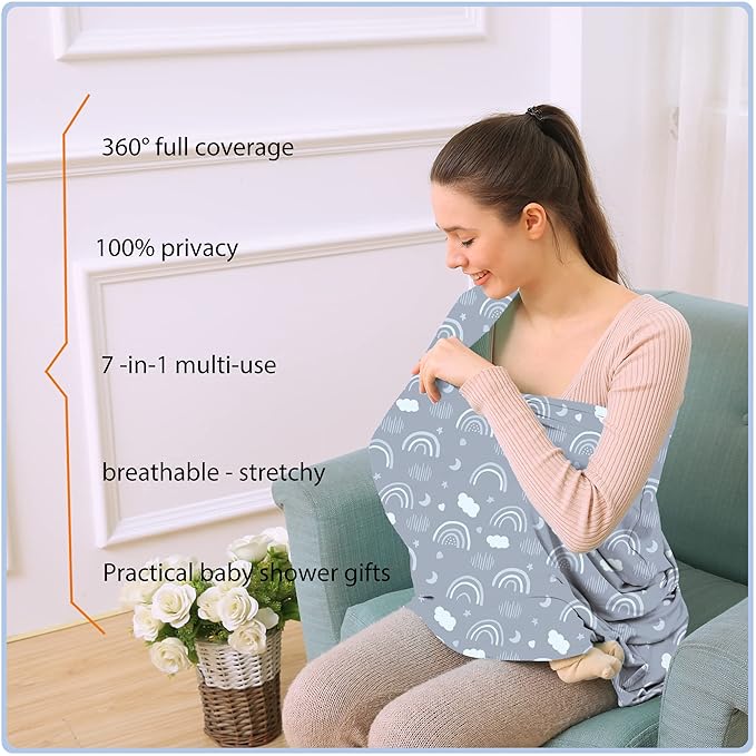 Car Seat Covers for Babies - Multi- use Nursing Carseat Canopy, Breastfeeding Covers, Baby Shower Gifts for Boys and Girls (Grey Rainbow)-BubblyBeeBaby