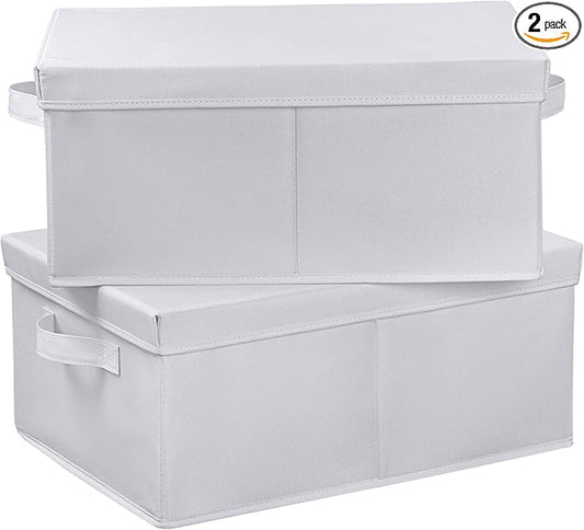 HOONEX Storage Bins with Lids for Organizing, Pack of 2, Storage Boxes with 2 Carrying Handles and Sturdy Heavy Cardboard, 16.5" L x 11.8" W x 7.5" H for Shoes, Books, Clothes, Nursery, White-BubblyBeeBaby