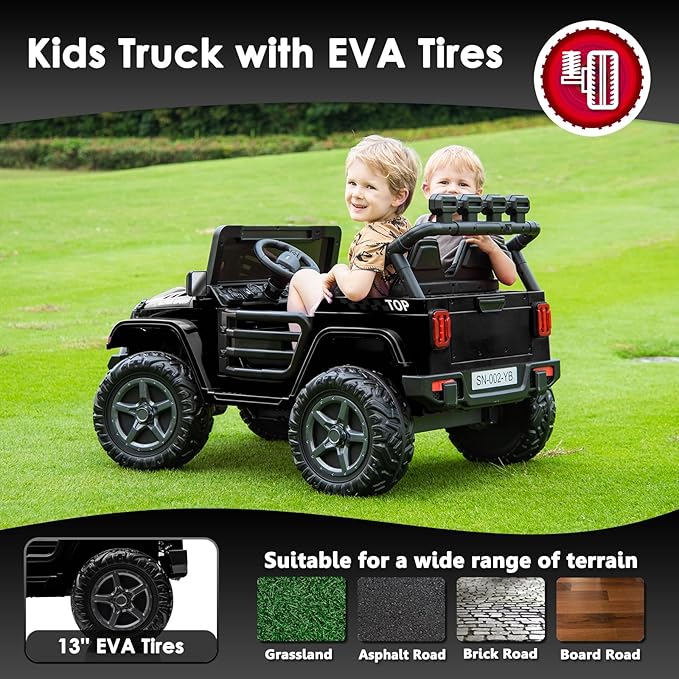 24V 2 Seater Ride On Truck with Remote Control 4WD Electric Car for Kids Ride On Car Battery Powered Ride On Toy Car with Music Player, LED Lights, Bluetooth, Rear Shock Absorber, Black-BubblyBeeBaby