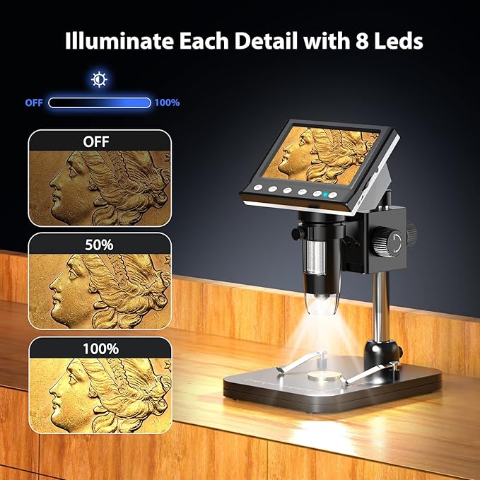 Hayve 4.3'' IPS Coin Microscope, 1000X Magnification Digital Microscope for Adults，Coin Collection Supplies with 8 Adjustable LEDs，Windows Compatible，32GB TF Card-BubblyBeeBaby