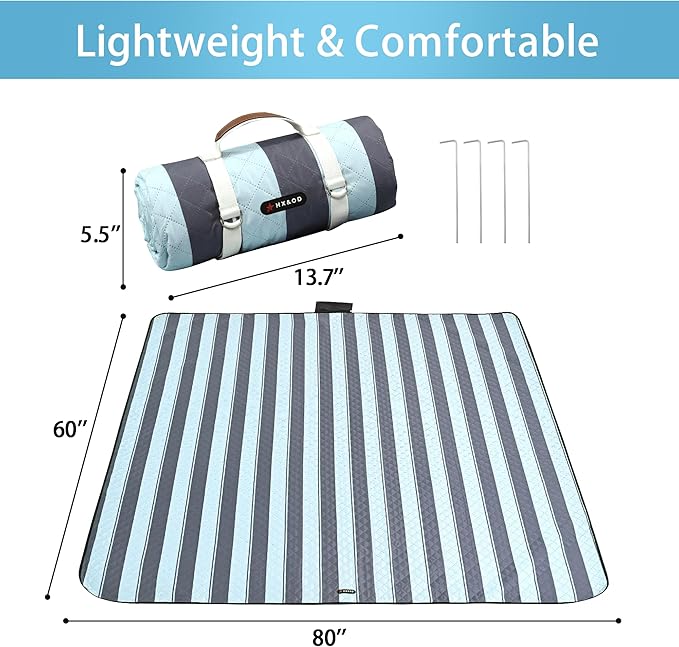 HX&OD Outdoor Picnic Blanket Extra Large, 80''*60'' Waterproof Picnic Mat with Stakes Foldable Camping Blanket Portable with Carry Strap for Beach Mat (Green& White, 80''*60'')-BubblyBeeBaby
