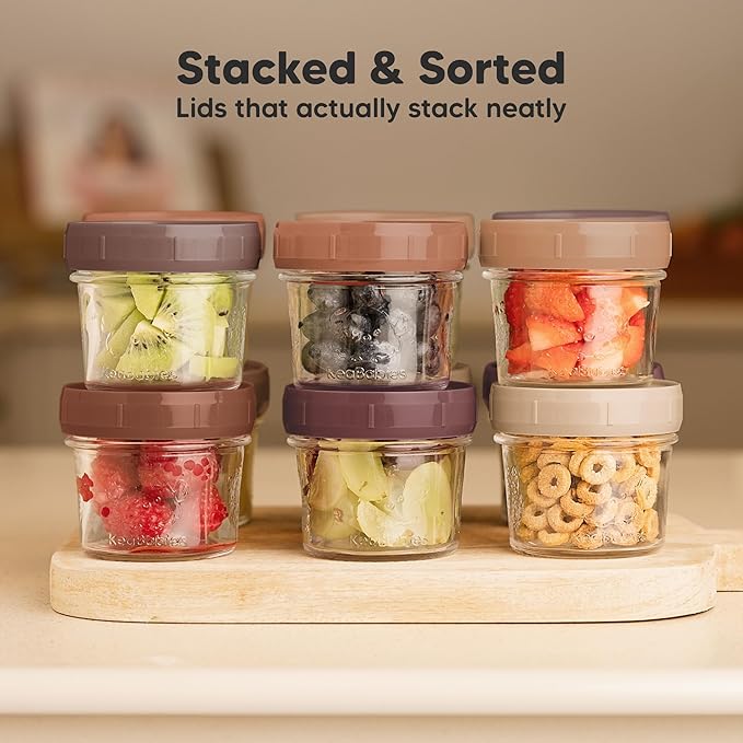KeaBabies 12pk 4oz Glass Baby Food Containers with Lids - Leak-Proof, Microwavable Small Glass Jars, Baby Purees & Toddler Snack Storage Containers, BPA-Free, Dishwasher & Freezer Safe (Terracotta)-BubblyBeeBaby