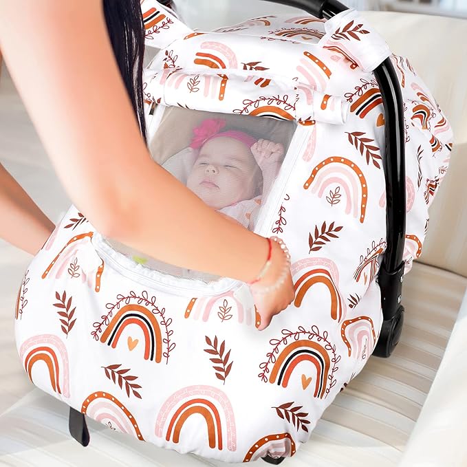 Pea Pod Baby Car Seat Cover Girls, Infant Rainbow Car Seat Covers Canopy for Newborn,2 Layers Windows of Breathable Mesh/Fabric, Lightweight Polyester/Minky Dot Backing, Snug Fit Most Baby Car Seat-BubblyBeeBaby