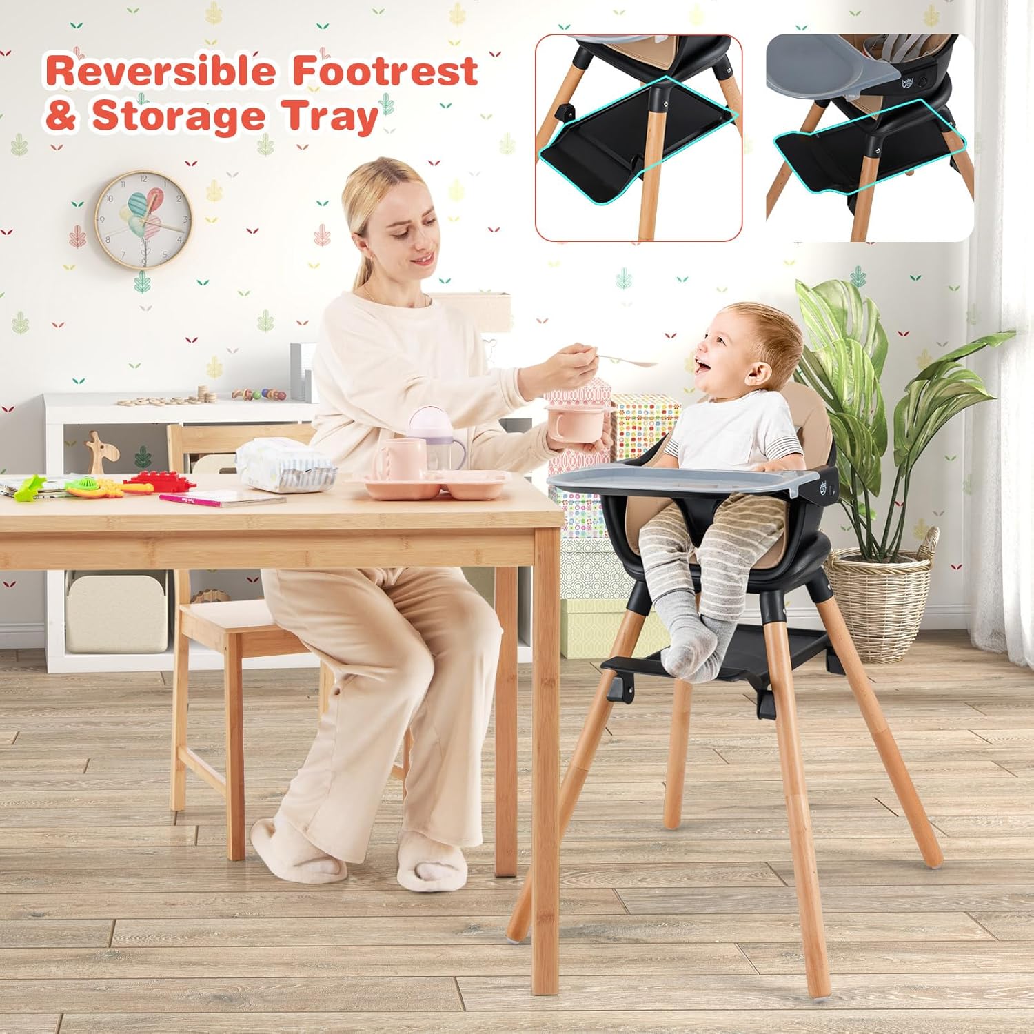 HONEY JOY Baby High Chair, 6 in 1 Convertible Wooden Highchair for Babies and Toddlers/Chair/Bar Stool, Removable Double Tray & Reversible Footrest, Safety Harness for Infant Boys Girls (Coffee)