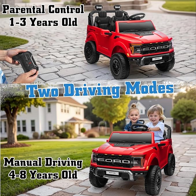 24V Ride on Car Licensed Ford F-150 Raptor, Kids Electric Car with Remote Control, LED Light/Music/MP3, Truck Bed Storage, 3-Point Seat Belt (24V, Red)-BubblyBeeBaby