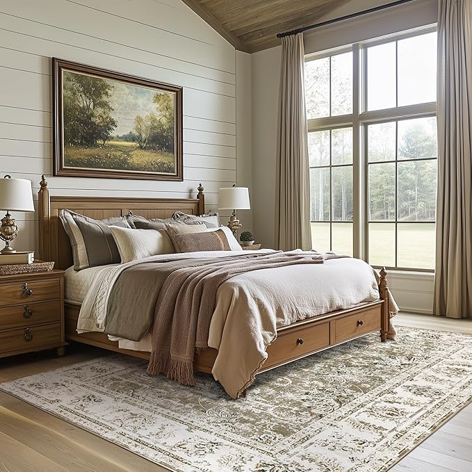 jinchan 8x10 Area Rugs for Living Room - Machine Washable Vintage Floral Distressed Design Stain Resistant Boho Carpet Low Pile Non-Slip Rug for Bedroom Dining Room Home Office (8‘x10',Taupe)-BubblyBeeBaby