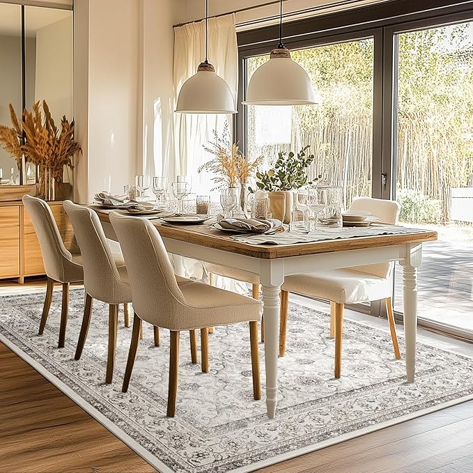 jinchan Floral 6x9 Area Rugs for Living Room - Machine Washable Vintage Distressed Boho Design Throw Rug Stain Resistant Carpet Low-Pile Thin Non-Slip for Bedroom Dining Room Nursery (6‘x9',Beige)-BubblyBeeBaby