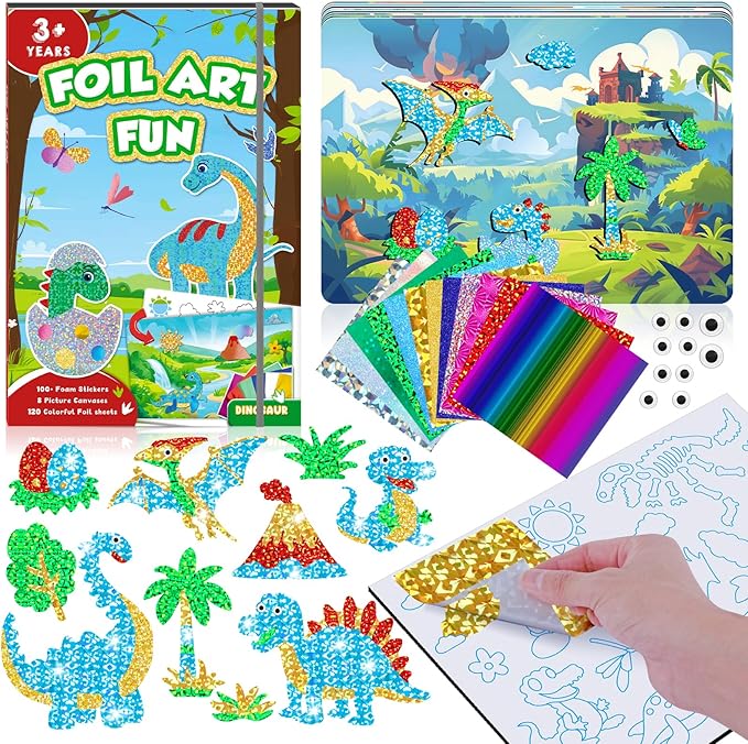 homicozy Art & Craft Activity for Kids-Foil Fun Dinosaur,No Mess Art Crafts for Girls,DIY Foil Foam Stickers,Creative Activity Kits,Kids Travel Toys,Gifts for Girls & Boys Ages 4-10-BubblyBeeBaby