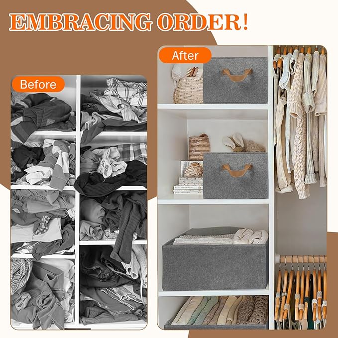 10 Pack Large Capacity Storage Bins, 25L Fabric Closet Organizer With Handles, Collapsible Baskets for Shelves, Clothing, Sheets, Books, Toys (Gray)-BubblyBeeBaby