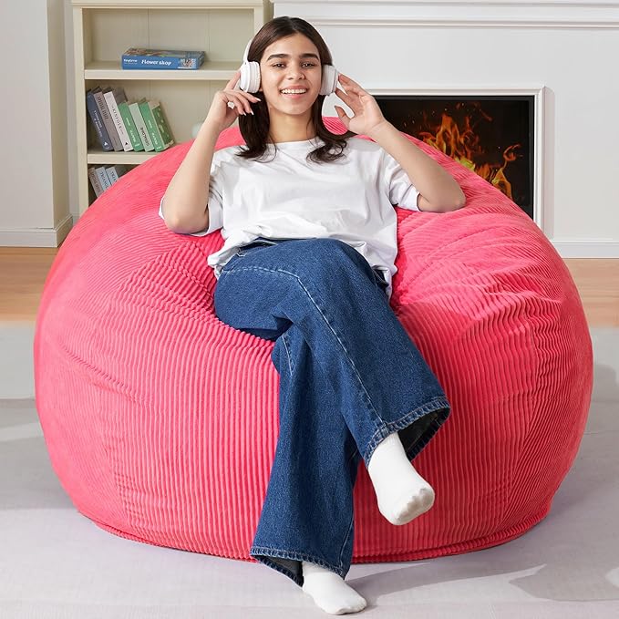 Homguava 3.5FT Bean Bag Chair: Teardrop Bean Bags with Memory Foam Filled, Compact Beanbag Chairs Soft Sofa with Corduroy Cover (Pink)-BubblyBeeBaby