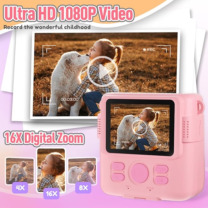 Instant Print Camera for Kids, Christmas Birthday Gifts Girls Boys Age 3-12, HD Digital Video Cameras Toddler, Portable Toy 3 4 5 6 7 8 9 10 Year Old Girl with 32GB SD Card-Pink-BubblyBeeBaby