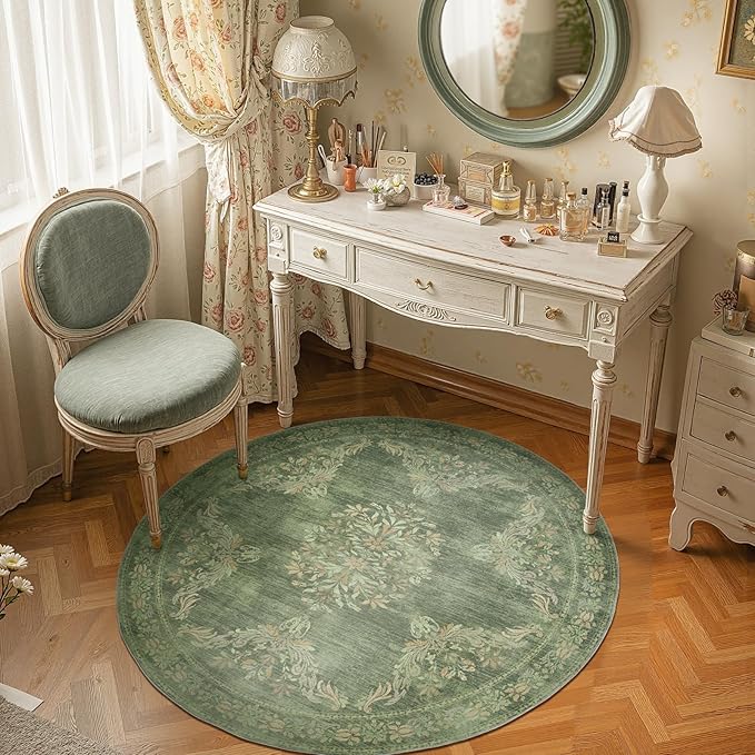 jinchan Round Rug 4ft Area Rugs Vintage Floral Distressed Design,Machine Washable Soft Non-Slip Low-Pile Ultra-Thin Circle Rug for Entryway Bedside Living Room Kitchen Nursery (4' Round,Dark Green)-BubblyBeeBaby