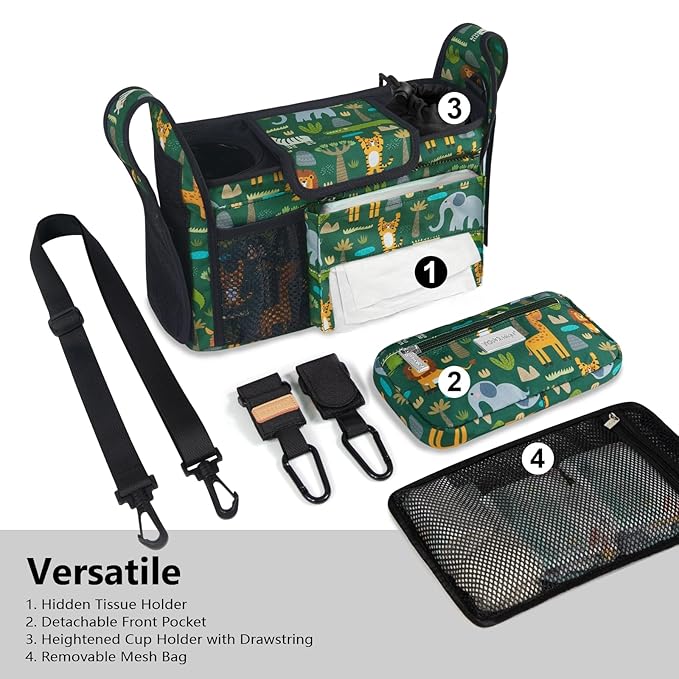 TOPDesign Universal Baby Stroller Organizer, Stroller Caddy with Detachable Mesh Bag & Heightened Insulated Cup Holders & Non-Slip Secure Hooks Accessories, Fits Most Strollers (Zoo 2)-BubblyBeeBaby