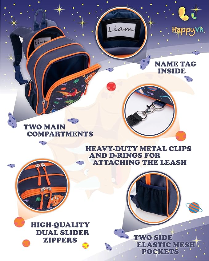 HappyVk- Backpack with Leash for Kids-Anti Lost Walking Toddler Leash-Dinosaur design-for 1-4 Years Old Boys, Girls-BubblyBeeBaby