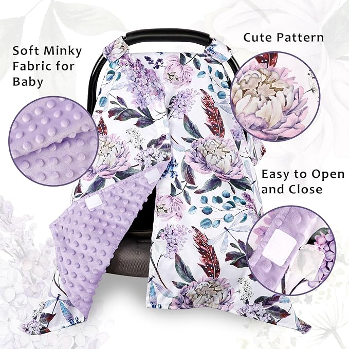 Car Seat Cover Baby, Infant Car Seat Canopy Covers for Newborn Girls Boys, Soft Breathable Mink Carseat Covers Stretchy Multi-Use Nursing Cover for Stroller Baby Car Seat, Purple Flroal-BubblyBeeBaby